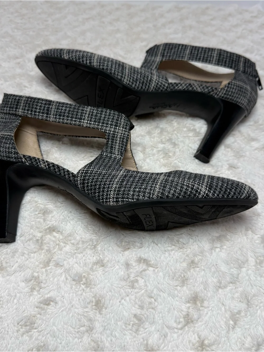 Life Stride Black & Gray Plaid Pointed T-Strap Heels with Back Zip